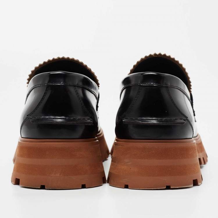 Pre Owned Alexander McQueen Black/Brown Leather Tread Penny Loafers Size 41