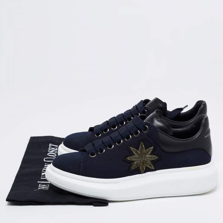 Pre Owned Alexander McQueen Navy Blue/Black Canvas and Leather Embroidered Oversized Sneakers Size 40
