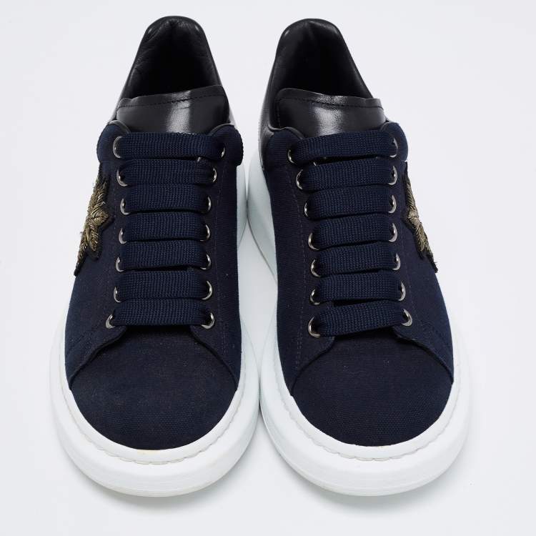 Pre Owned Alexander McQueen Navy Blue/Black Canvas and Leather Embroidered Oversized Sneakers Size 40