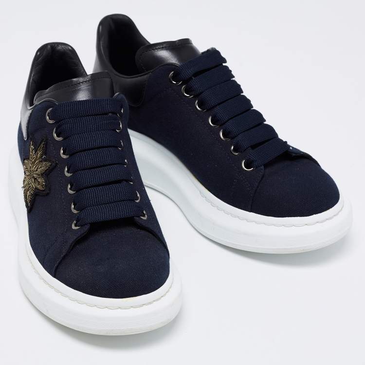 Pre Owned Alexander McQueen Navy Blue/Black Canvas and Leather Embroidered Oversized Sneakers Size 40