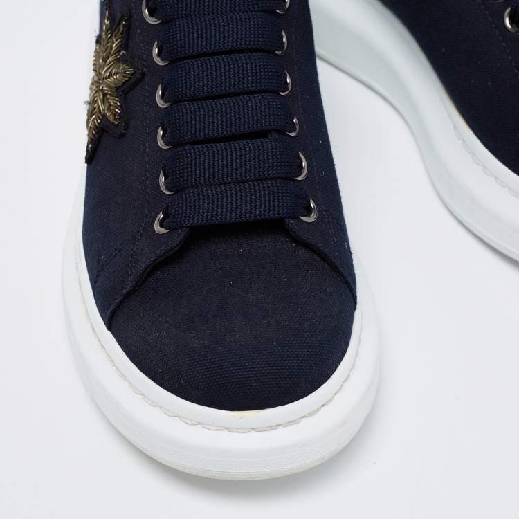 Pre Owned Alexander McQueen Navy Blue/Black Canvas and Leather Embroidered Oversized Sneakers Size 40