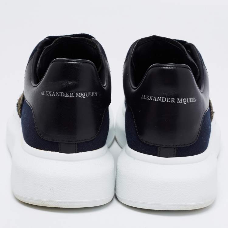 Pre Owned Alexander McQueen Navy Blue/Black Canvas and Leather Embroidered Oversized Sneakers Size 40