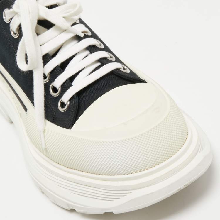 Pre Owned Alexander McQueen Black/White Canvas and Rubber Tread Slick Sneakers Size 41