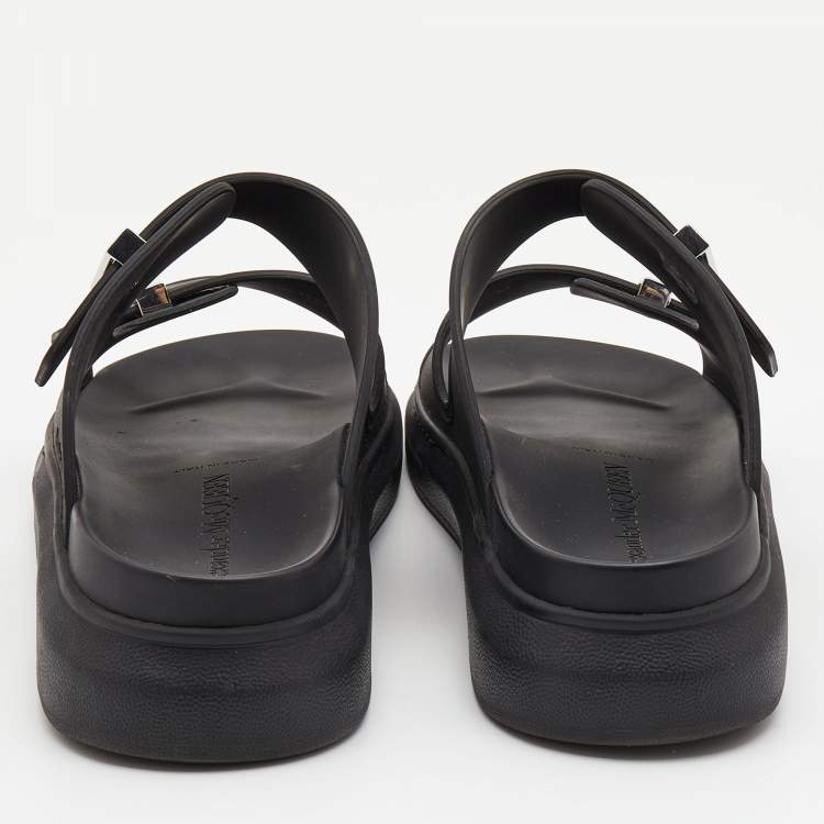 Pre Owned Alexander McQueen Black Rubber Birke Buckle Detail Slide Sandals Size 45