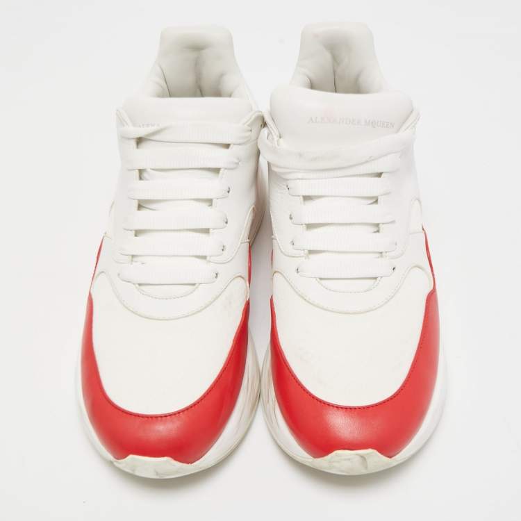 Pre Owned Alexander McQueen White/Red Leather and Mesh Oversized Runner Low Top Sneakers Size 44