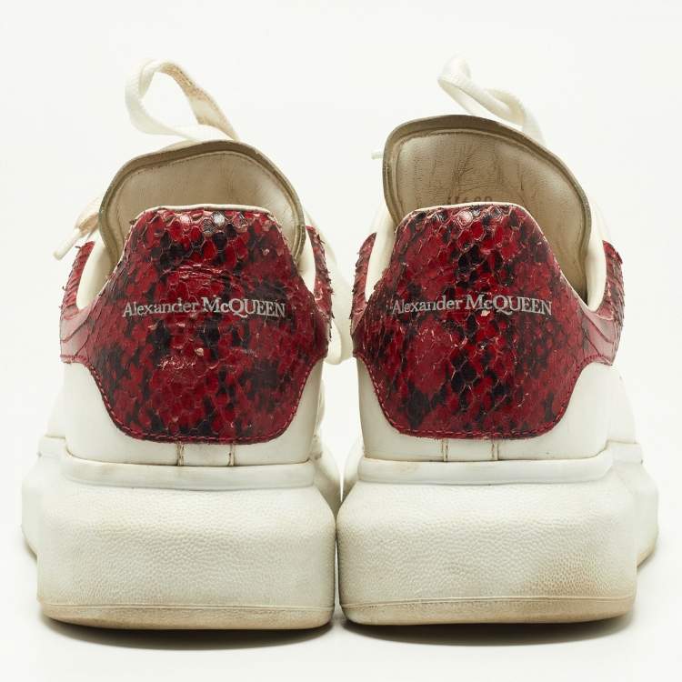 Pre Owned Alexander McQueen White/Red Leather and Watersnake Oversized Sneakers Size 41