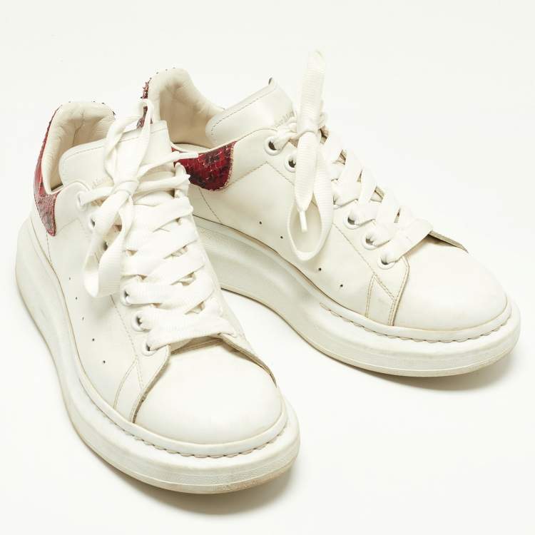 Pre Owned Alexander McQueen White/Red Leather and Watersnake Oversized Sneakers Size 41