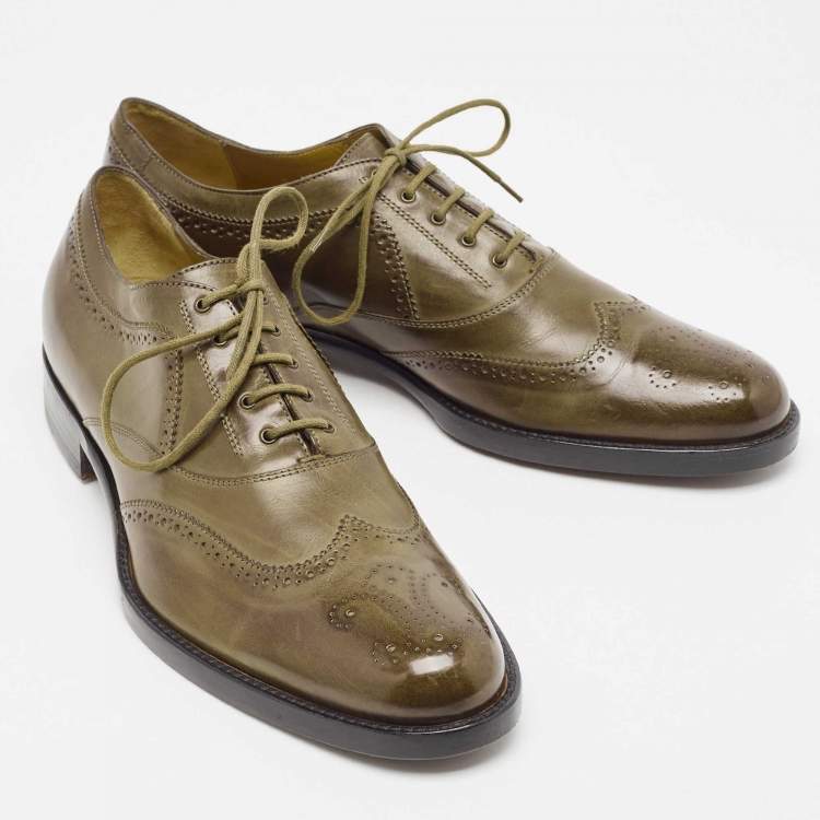 Pre Owned Alexander McQueen Olive Green Brogue Leather Lace Up Oxfords Size 41