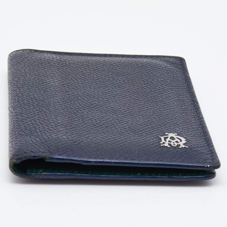 Pre Owned Alfred Dunhill Navy Blue Leather Logo Bifold Card Case