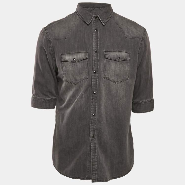 Pre Owned All Saints Dark Grey Distressed Denim Half Sleeve Button Front Shirt XL