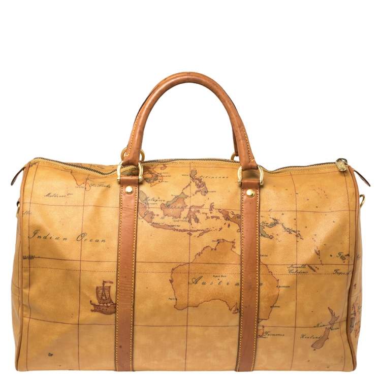 Pre Owned Alivero Martini 1A Classe Tan Geo Print Coated Canvas and Leather Duffel Bag