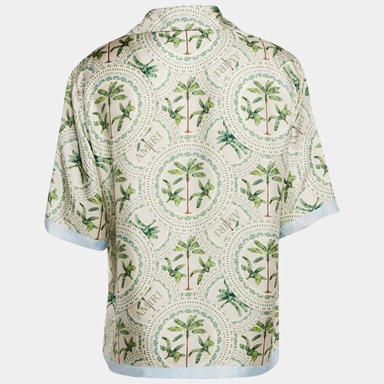 Pre Owned Amiri Alabaster White Palm Print Silk Bowling Shirt XXL