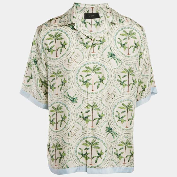 Pre Owned Amiri Alabaster White Palm Print Silk Bowling Shirt XXL