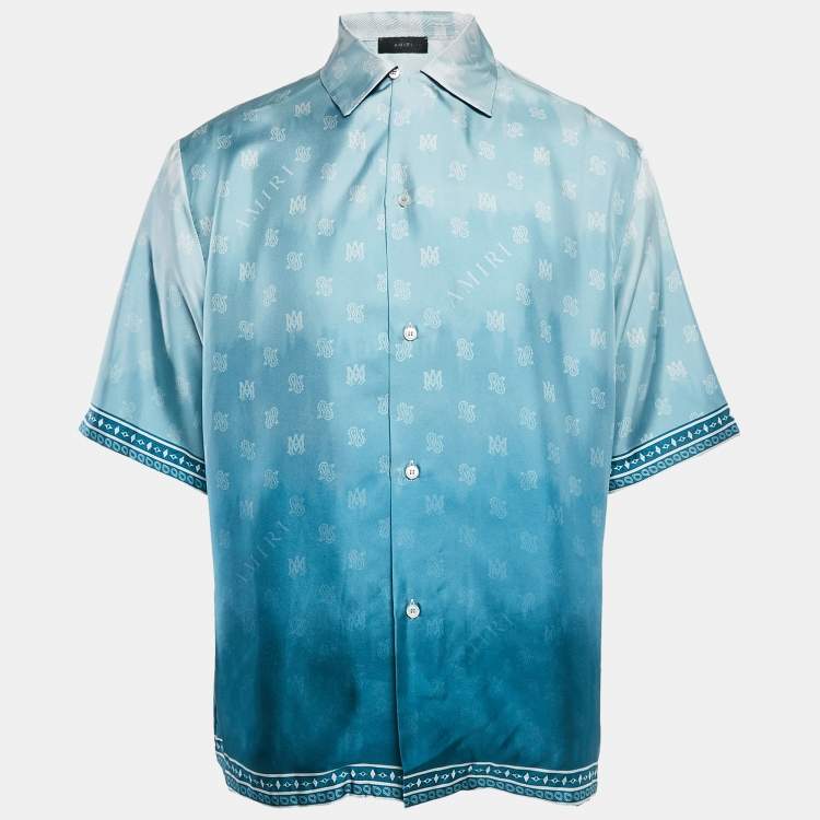 Pre Owned Amiri Ashley Blue Micro MA and Paisley Print Silk Shirt XXL