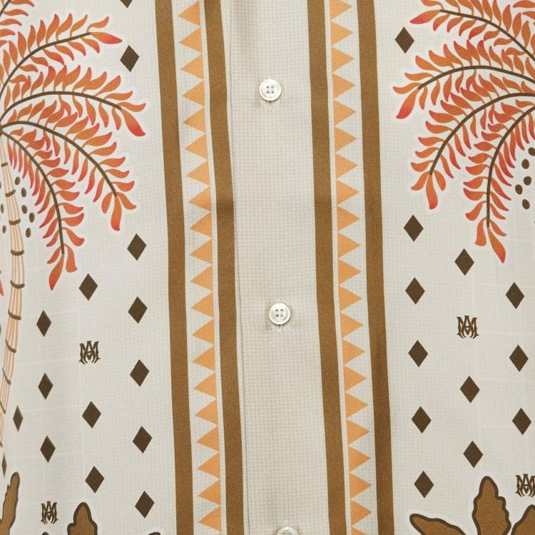 Pre Owned Amiri Green/Beige Psalm Tree Print Silk Bowling Shirt M