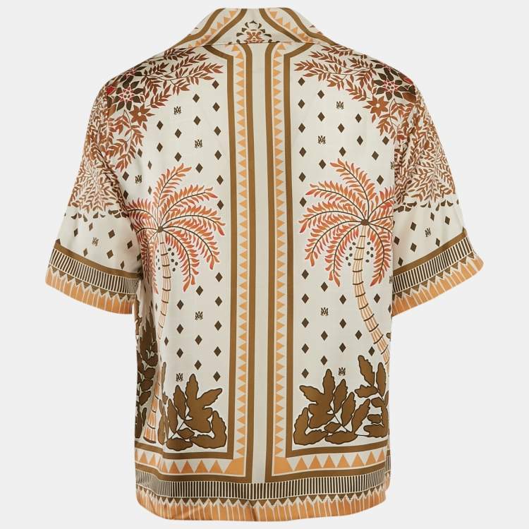 Pre Owned Amiri Green/Beige Psalm Tree Print Silk Bowling Shirt M