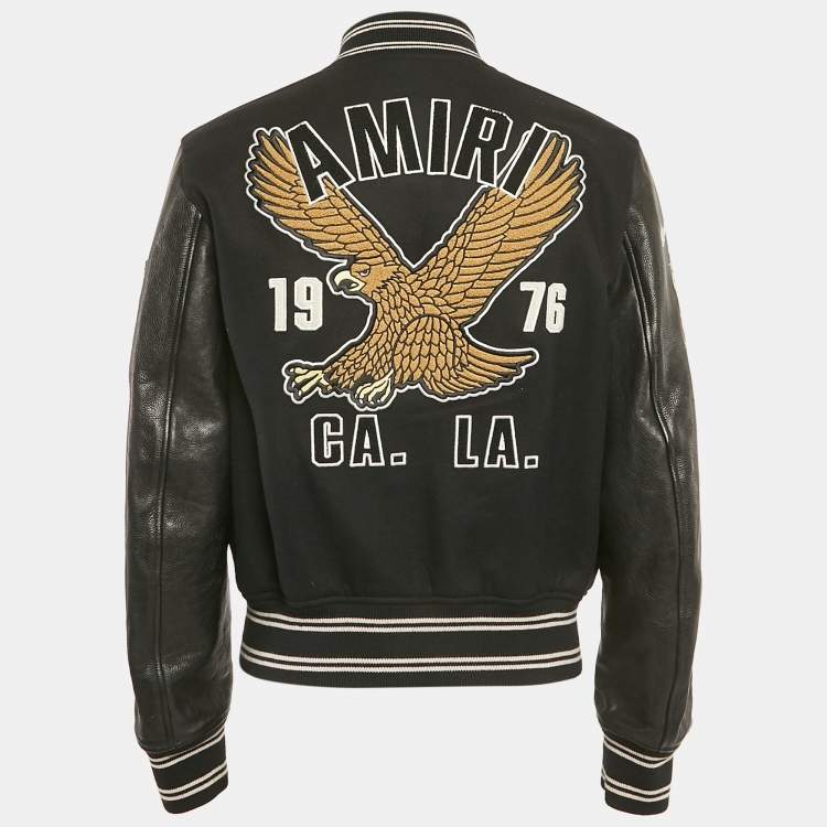 Pre Owned Amiri Black Embroidered Wool and Leather Varsity Jacket S