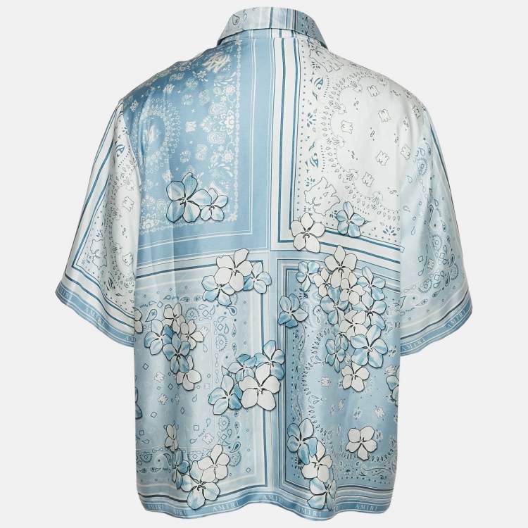مملوكة مسبقًا Amiri Blue Bandana Floral Print Silk Short Sleeve Shirt XXL