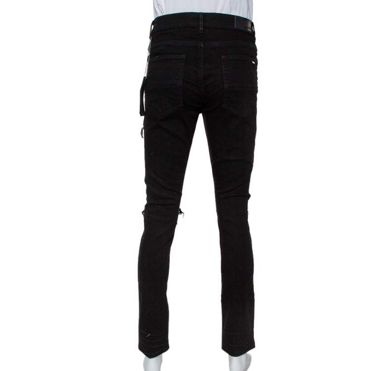 Pre Owned Amiri Black Denim Leather Patched Knee Detail Distressed Jeans L