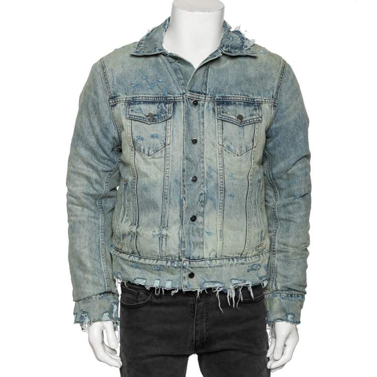 Amiri Blue Distressed Denim Reversible Trucker Bomber Jacket S Amiri | The  Luxury Closet