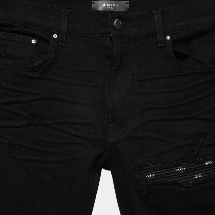 Pre Owned Amiri Black Denim & Printed Leather Inset Detailed Slim Fit Jeans M