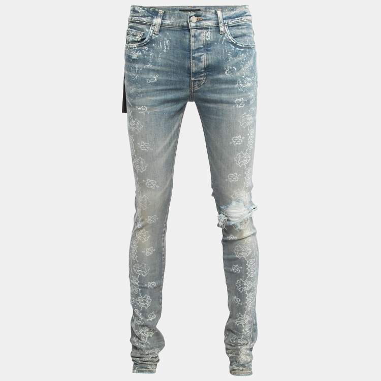 Pre Owned Amiri Blue Bandana Print Distressed Denim Jeans M