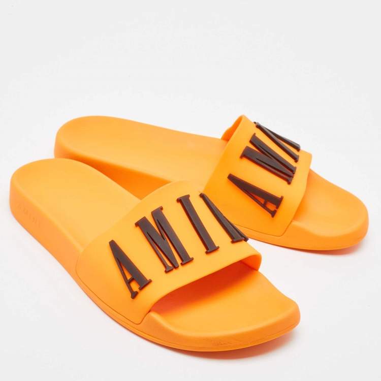 Pre Owned Amiri Orange Rubber Logo Pool Slide Sandals Size 45