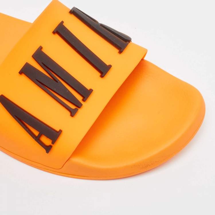 Pre Owned Amiri Orange Rubber Logo Pool Slide Sandals Size 45