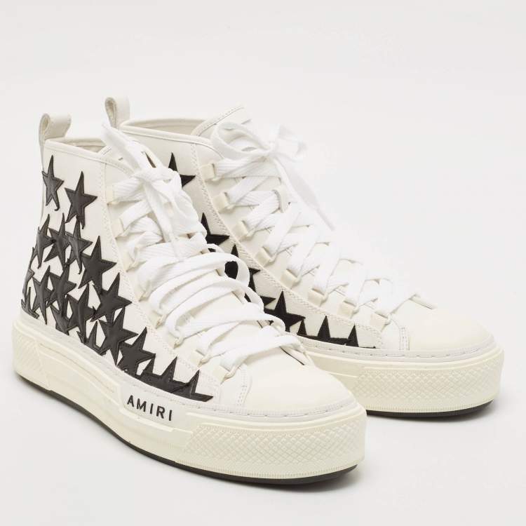 Pre Owned Amiri White/Black Canvas and Leather Stars Court High Top Sneakers Size 45