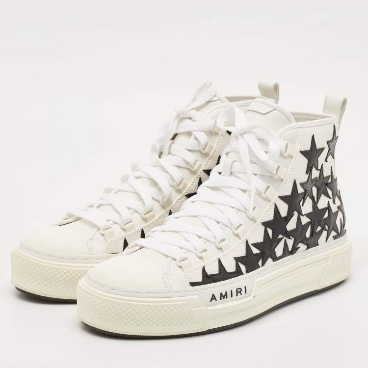 Pre Owned Amiri White/Black Canvas and Leather Stars Court High Top Sneakers Size 45