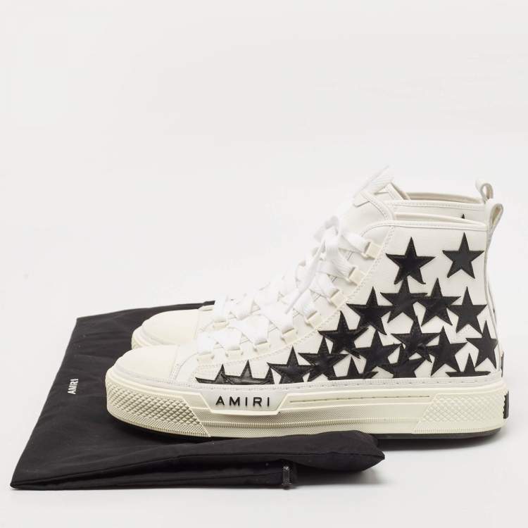 Pre Owned Amiri White/Black Canvas and Leather Stars Court High Top Sneakers Size 45