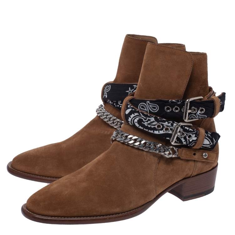 Pre Owned Amiri Camel Suede Chain Link Embellished Bandana Buckle Ankle Boots Size 42