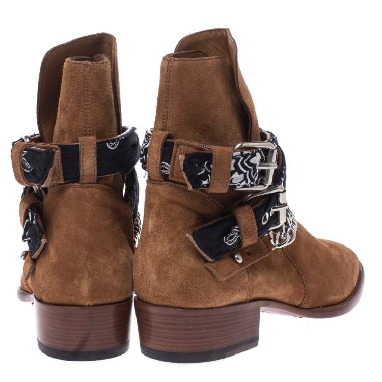 Pre Owned Amiri Camel Suede Chain Link Embellished Bandana Buckle Ankle Boots Size 42