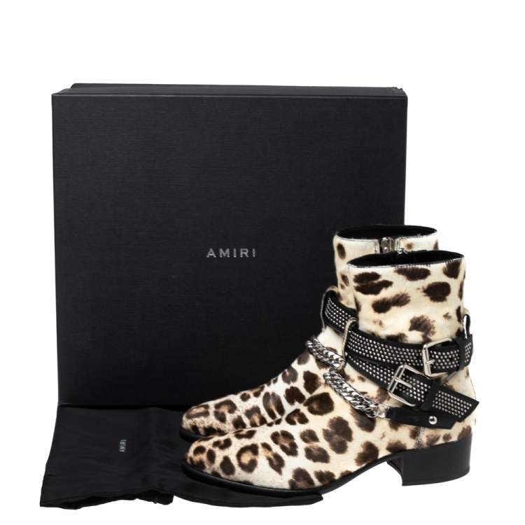 Pre Owned Amiri Brown/Cream Leopard Print Calf Hair Moto Chain Leo Ankle Boots Size 40