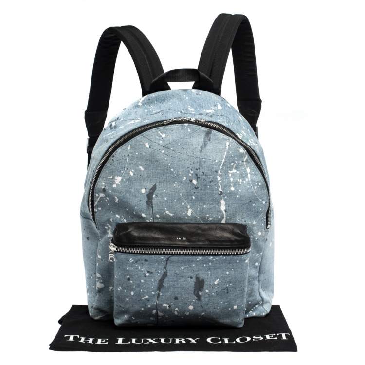 Pre Owned Amiri Wash Blue/Black Paint Denim and Leather Splatter Backpack