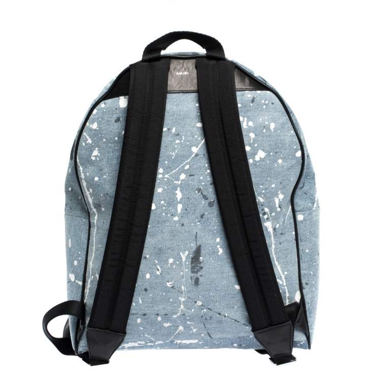Pre Owned Amiri Wash Blue/Black Paint Denim and Leather Splatter Backpack