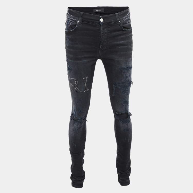 Pre Owned Amiri Black Washed & Distressed Denim Jeans Waist 33"