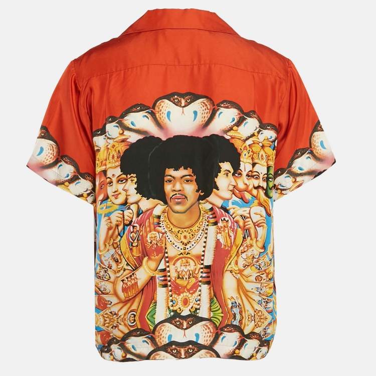 Pre Owned Amiri Red Jimi Hendrix Print Silk Short Sleeve Shirt M