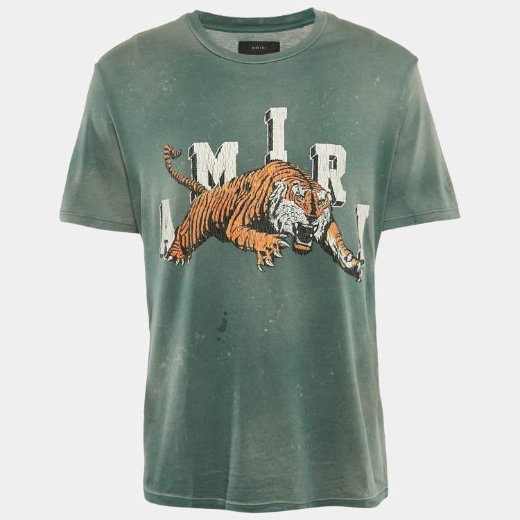 Pre Owned Amiri Vintage Green Tiger Print Cotton Crew Neck T-Shirt M