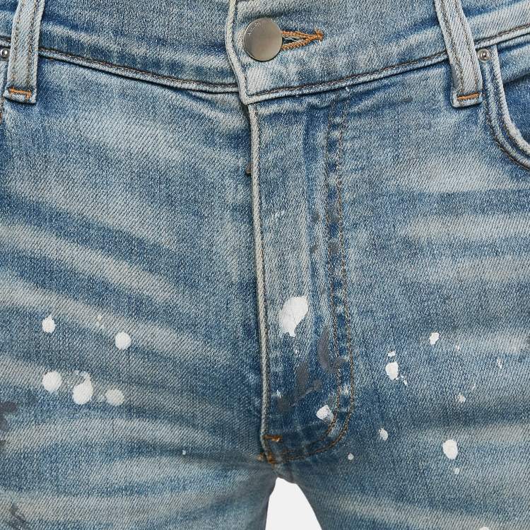 Pre Owned Amiri Blue Paint Splatter Print Denim Distressed Jeans M Waist 30"
