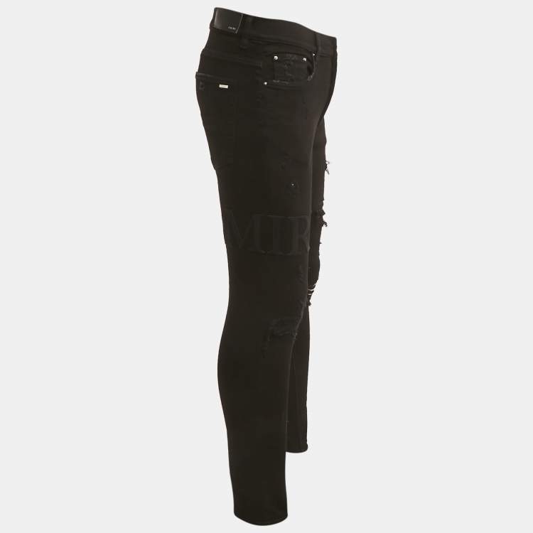 Pre Owned Amiri Black Distressed Denim Logo Applique Detail Jeans L Waist 34"