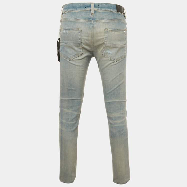 Pre Owned Amiri Indigo Blue Denim Crystal Thrasher Distressed Jeans M Waist 31"   