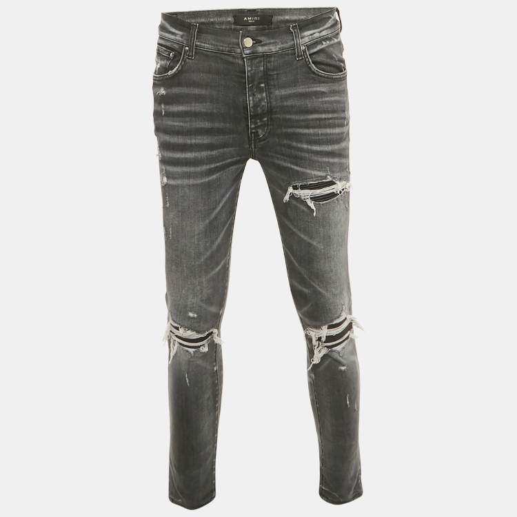 Pre Owned Amiri Grey Denim Distressed Patch Jeans M Waist 32" 