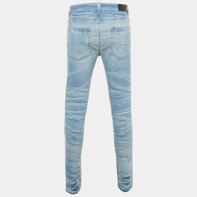 Pre Owned Amiri Blue Denim Crystal Thrasher Distressed Jeans M Waist 31"   