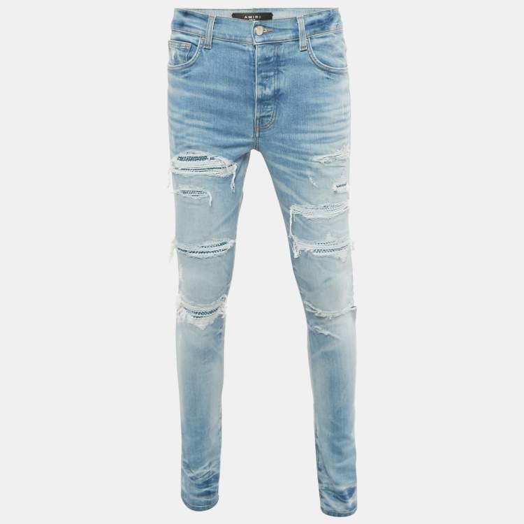 Pre Owned Amiri Blue Denim Crystal Thrasher Distressed Jeans M Waist 31"   