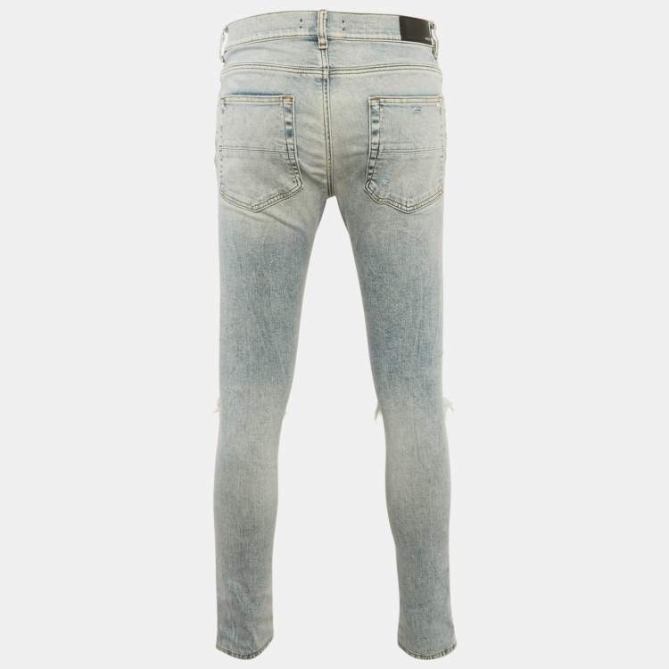 Pre Owned Amiri Blue Washed Denim Distressed Skinny Jeans M Waist 32"