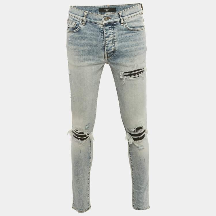 Pre Owned Amiri Blue Washed Denim Distressed Skinny Jeans M Waist 32"