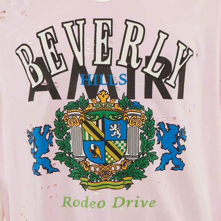 Pre Owned Amiri Pink Beverly Hills Print Cotton Distressed T-Shirt L
