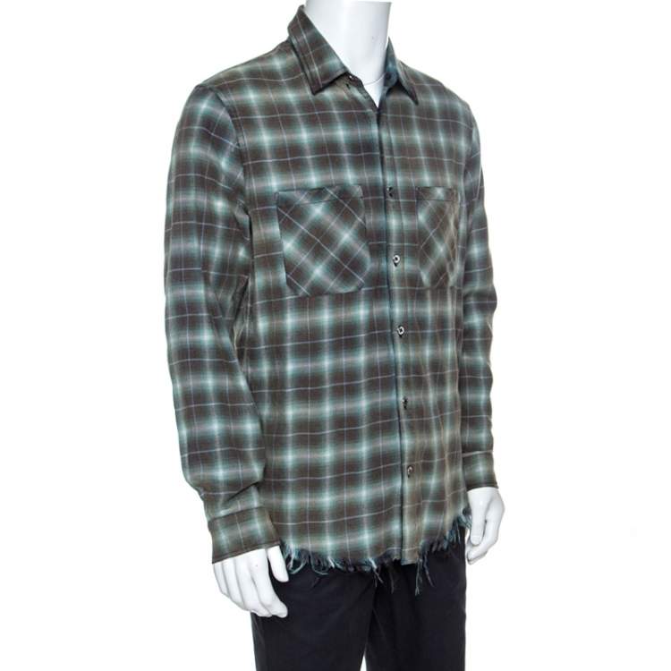 Pre Owned Amiri Green And Brown Faded Plaid Cotton Raw Edged Shirt L