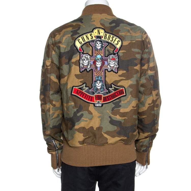 Pre Owned Amiri Brown Camo Print Cotton Applique Detailed Bomber Jacket L